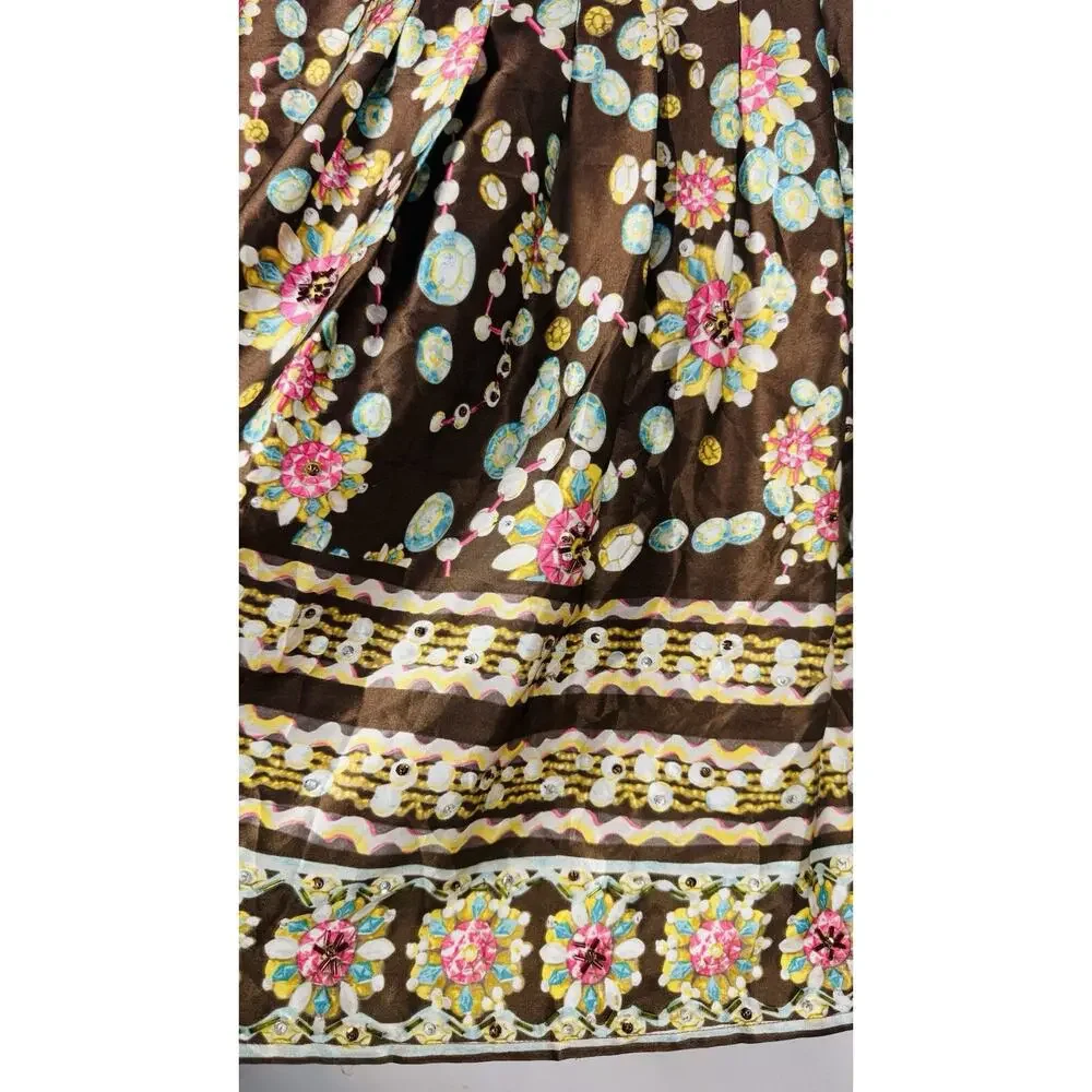 New York City Design Co Brown Gem Print Beaded Sequin Skirt 8 Petite Pleated